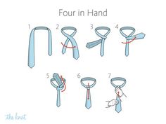 The Knot - How to tie a four-in-hand knot Different Tie Knots, Simple Tie Knot, How To Tie A Necktie, Windsor Tie Knot, Tie A Tie Easy, Cool Tie Knots, Tie Knots Men, Full Windsor Knot, Double Windsor