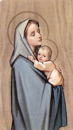 an image of the virgin mary holding a baby in her arms and wearing a blue shawl