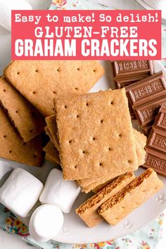 graham crackers and marshmallows on a plate with the words easy to make so delish gluten - free graham crackers