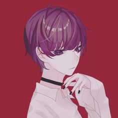 an anime character with purple hair wearing a collared shirt