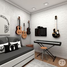 a living room with guitars on the wall and a couch in front of it,