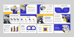 the blue and yellow presentation template is displayed in several different positions, including an image