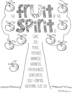 the fruit of the spirit coloring page with an apple tree and words that spell it out