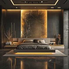 a modern bedroom with black and gold decor