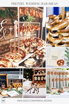 a collage of different wedding and party food items including pretzel, bar ideas, and desserts