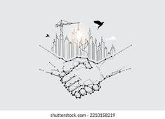 two hands are shaking each other in front of a cityscape with birds flying over it