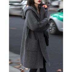 European hooded cardigan women's mid-length 100% cashmere sweater autumn and winter loose high-end lazy wind sweater coat Unique Clothing Stores, Gothic Hoodies, Techwear Fashion, Sweater Autumn, Long Sweater, Hooded Cardigan, Sweater Coat, Women Sleeve, Style Office