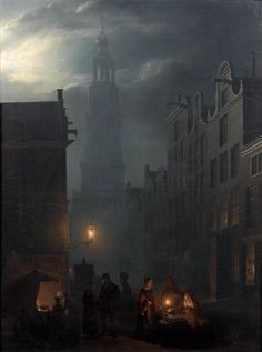 a painting of people standing in the street at night