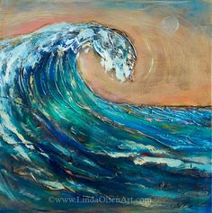 a painting of a wave in the ocean with an orange and blue sky behind it