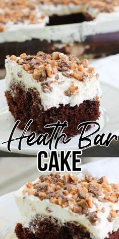 Heath bar cake on a plate Heath Cake Recipe, Heathbar Cake Recipes, Heath Chocolate Cake, Dessert Recipes With Heath Bar, Poke Cake With Heath Bar, Cake Mix Cookies Heath Bits, Heathbar Cake, Heath Bar Recipes, Heath Desserts