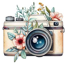 an old camera with flowers and leaves on the front is painted in watercolors