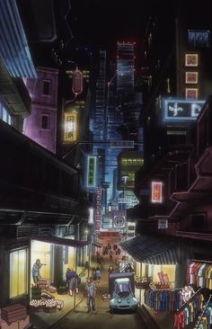 an animated city at night with people walking down the street