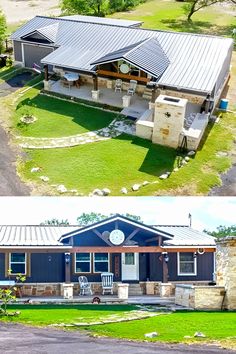 before and after photos of a house in the middle of an open field with grass