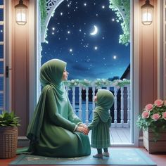 a painting of a mother and child looking out the window at the stars in the night sky