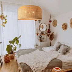 a bed sitting in a bedroom next to a window with lots of plants on it