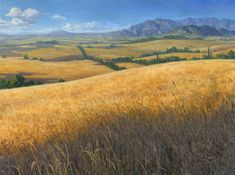 a painting of a wheat field with mountains in the background