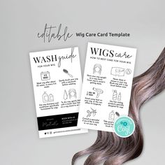 the wig care card template is displayed on a white background