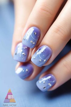 Ombre Celestial Nails, Cute Purple Nails Designs, Starry Nails Short, Light Purple Blue Nails, Space Inspired Nails, Light Purple Gel Nails, Star Nails Purple, Purple Nails Dip, Short Nail Designs Purple