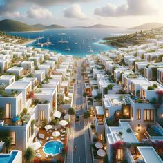 an artist's rendering of a city by the ocean