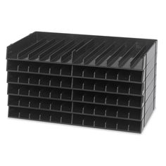 black stacking bins with dividers on each side