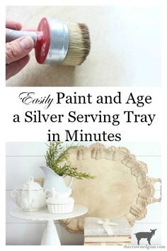 a person painting and age silver serving tray in minutes with text overlay that reads easy paint and age silver serving tray in minutes