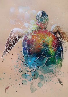 a painting of a sea turtle with its head in the air and splashing paint on it's body