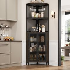 a corner shelf in the middle of a kitchen