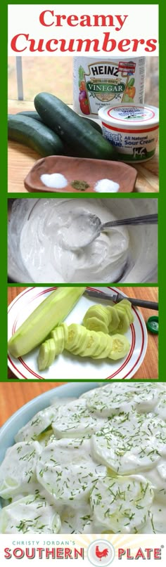 three pictures showing different types of creamed cucumbers