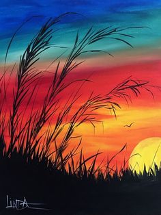 a painting of the sun setting behind some tall grass