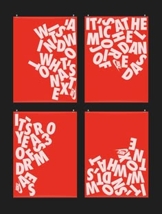 four red and white posters with different words