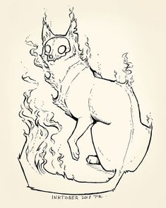 a black and white drawing of a dog on fire