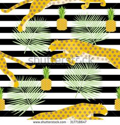 leopards and pineapples on black and white striped background with yellow polka dots