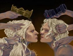 two women with crowns on their heads are touching each other's foreheads as if they were kissing