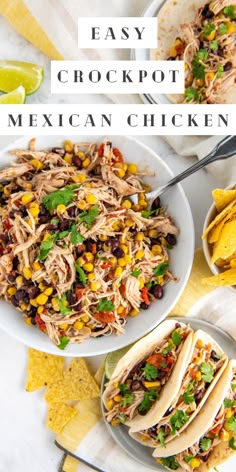 easy crock pot mexican chicken recipe on a plate with tortillas and corn