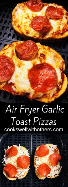 air fryer garlic toast pizzas with pepperoni and cheese on the top are ready to be eaten