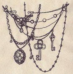 a drawing of a bunch of keys on a piece of cloth with chains attached to it