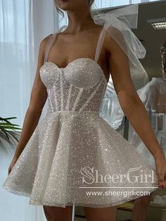 A Line Sparkly Short Prom Dress Silver Corset Bodice Homecoming Dress ARD3144-SheerGirl Silver Homecoming Dress, Homecoming Dresses Sparkly, Sparkly Shorts, Tulle Homecoming Dress, Tulle Sleeves, Short Party Dress, A Line Shorts, Short Homecoming Dress, Short Prom Dress