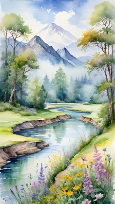 a watercolor painting of a mountain and river with wildflowers in the foreground