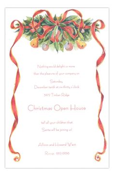 a christmas card with ribbon and poinsettis on the front, in red