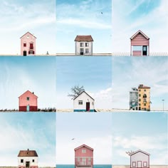 four different shots of houses on the beach and in the air with blue skies above them