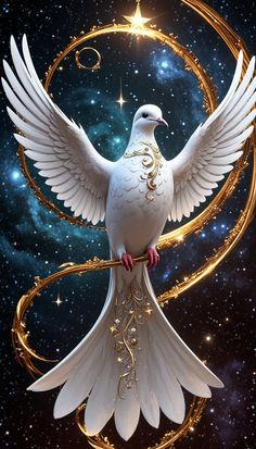 a white bird sitting on top of a golden object in the sky with stars around it