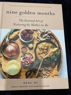 the book cover for nine golden months, featuring an assortment of foods on a plate