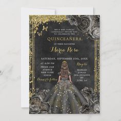 an elegant quinceauera birthday party card with a girl in a ball gown