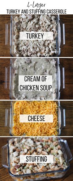 four different types of food in glass containers on a table with the words turkey and stuffing casserole