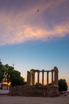 an ancient monument in the middle of a park at sunset with birds flying over it