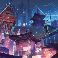 a futuristic cityscape with buildings and people in it