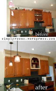 before and after photos of kitchen cabinets with light bulbs on the ceiling, and in between