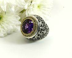 "Classic ring with a large amethyst. Such rings are traditionally called «bishop ring\". Amethyst quality AAAA, diameter 16mm. 925 Silver. 18K Gold. Ring is 30mm wide, upper surface is 23mmBISHOP round.. Weight 42g. Diamonds quality VS2 - 0.99Ct Sizes from 9 (18.9мм) to 13 (22.4mm" Luxury Classic Amethyst Men's Ring, Luxury Men's Round Amethyst Ring, Luxury Round Cabochon Amethyst Ring, Bishop Ring, Vintage Hallmarked Amethyst Ring For Collectors, Luxury Amethyst Cabochon Ring For Collectors, Round Rings, Classic Ring, Amethyst Ring