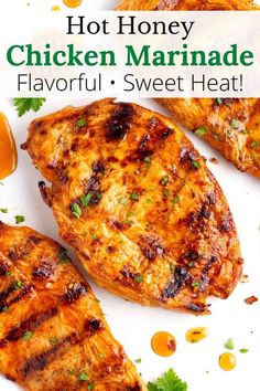 grilled chicken marinade on a white plate with text overlay that reads, hot honey chicken marinade flavored sweet heat