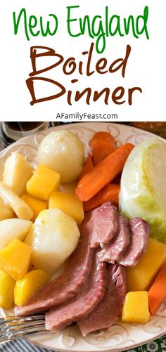 a plate with meat, potatoes and carrots next to the words new england boiled dinner